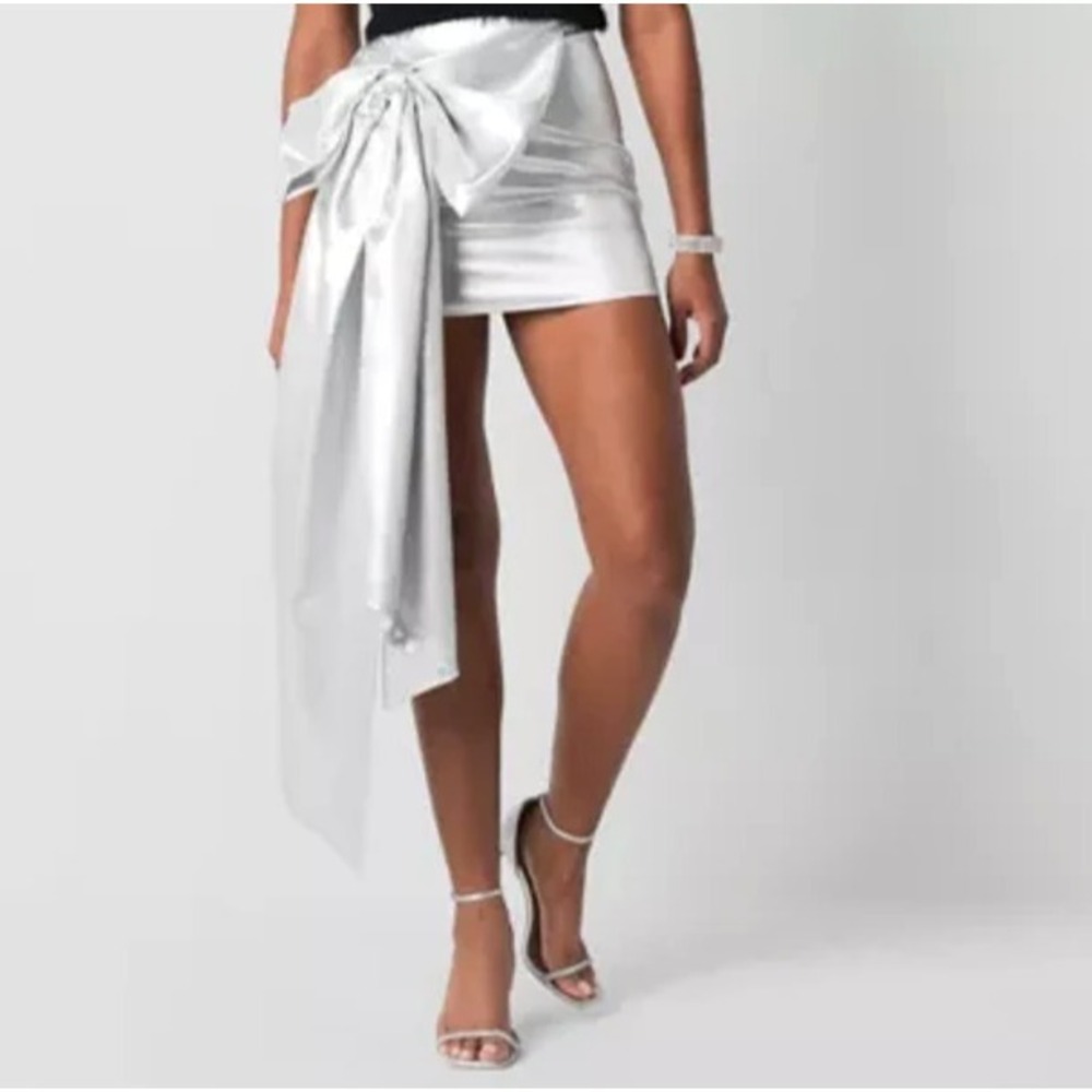 Johnny Wujek Silver Metallic Giant Bow Rave Festival Mini Skirt Women 13 NWT $69